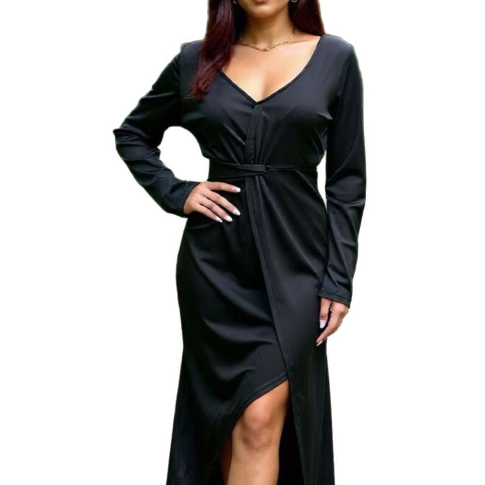 Women’s Long Sleeve Fall Midi Dress V Neck Twist Waist Ribbed Knit Bodycon Slit